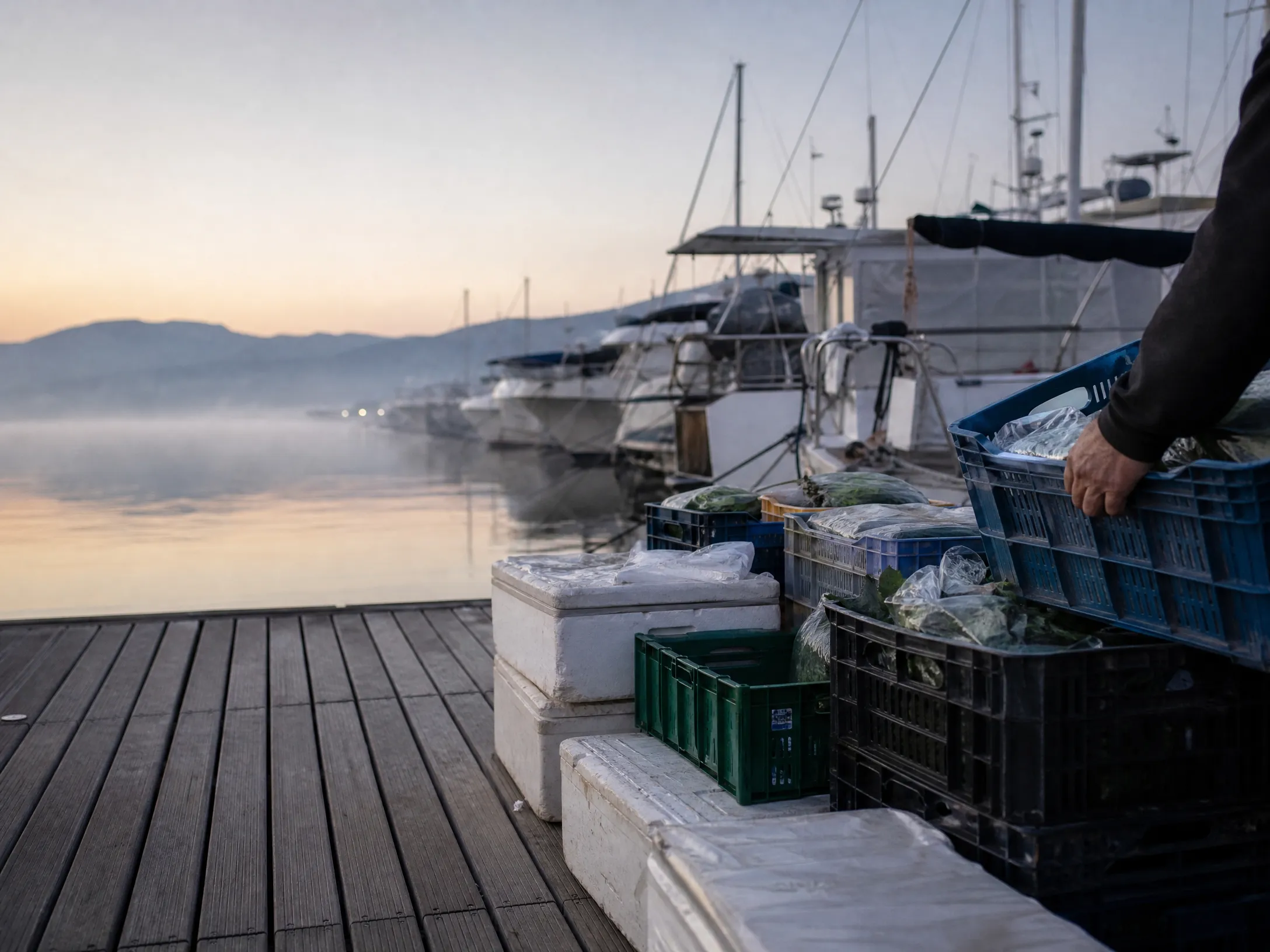 Şafakta marina iskelesinde kumanya kasaları
